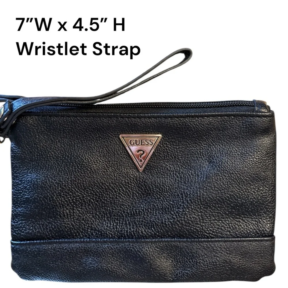 GUESS Black Wristlet Clutch Y2K Logo Zip Pouch Minimal Chic